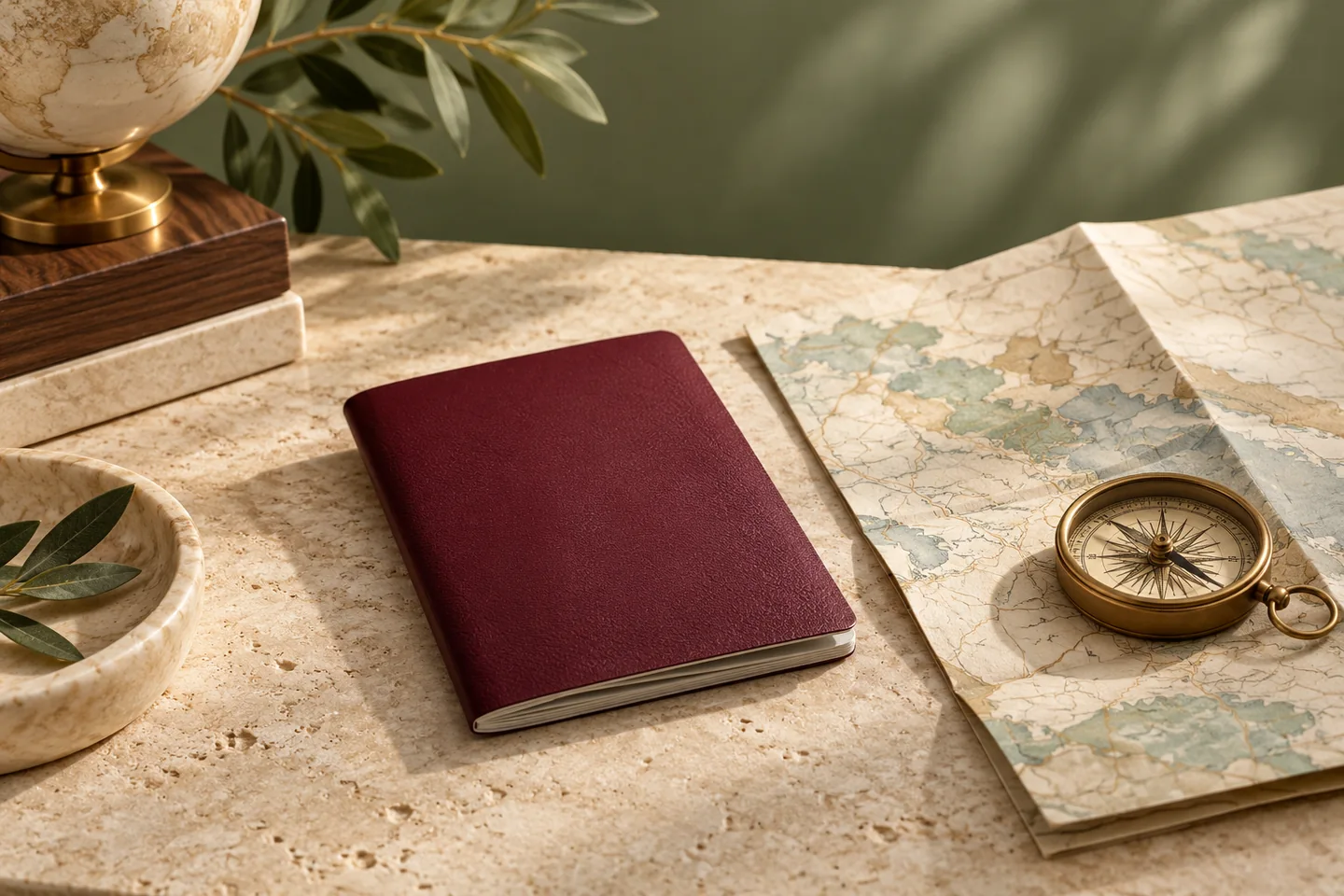 Travel document, map and compass